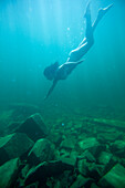 Female enjoys diving underwater in Idaho Sandpoint, Idaho, USA