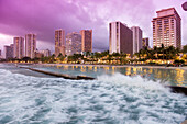 Rough waves during sunset at Waikiki beach, in Honolulu Honolulu, Hawaii, usa