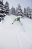 A athletic skier rips fresh deep powder turns in the backcountry on a stormy day in Colorado Vail, Colorado, USA