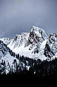 A view of jagged peaks covered in snow in Montana., Bozeman, Montana, USA