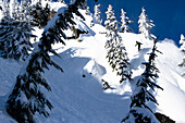 A male snowboarder in green jacket rips a turn while riding Cowboy Ridge in the side country of Steven's Pass in Skykomish, Washington., Skykomish, Washington, United States of America