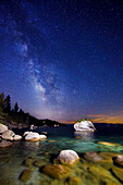 The Milky Way over Bonsai Rock and granite boulders in the summer in Lake Tahoe, Nevada., Lake Tahoe, Nevada, USA