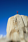 Climber with arms up on a rock, Bishop, California, United States