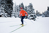 A young woman cross-country skiing. (blurred motion), Homer, Alaska, USA