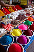 Kumkum, coloured powder for Bindi dots, stall at Devaraja Market, Mysore, Karnataka, India