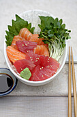 Close up of sashimi and sprouts, Santa Fe, New Mexico, United States