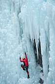 Caucasian man climbing ice wall, Ouray, Colorado, USA