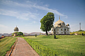 Ornate building with grass lawn, Varanasi, Uttar Pradesh, India