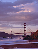 Evening light on the Golden Gate Bridge and Baker Beach, San Francisco, California, San Francisco, California, USA