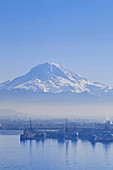 Winter smog rising over the industrial area of Tacoma, Tacoma, Washington, USA