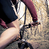 Caucasian man riding mountain bike in forest, Philadelphia, Pennsylvania, USA