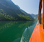 Ship on Lake Koenigsee, Berchtesgaden National Park, Berchtesgadener Land, Bavaria, Germany