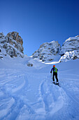 Female back-country skier ascending to Cristallo wind gap, Cristallo, Dolomites, Belluno, Veneto, Italy