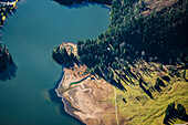 Aerial photo of lake Sylvensteinsee, near Lenggries, Upper Bavaria, Bavaria, Germany