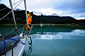 Sailing boat in Bahia Yendegaia, Tiera del Fuego, Chile