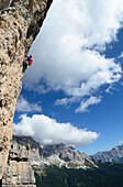 Climber on Via Finlandia, Torre Grande, Cinque Torri, Dolomites, Veneto, Italy