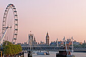 South Bank, London Eye, Thames and Westminster Palace aka Houses of Parliament, Westminster, London, England, United Kingdom