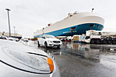 New cars from various manufacturers on a parking area prior to shipping, Bremerhaven, Bremen, Germany