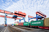 Güterzug fährt unter eine Containerbrücke hindurch, Hamburg, Deutschland