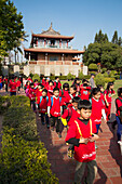 School children outside Haishen Temple at Fort Provintia, Chihkan Tower, Tainan, Southern Taiwan, Taiwan