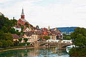 View of Laufenburg, Baden, and bridge across the river Rhine, Hochrhein, Baden-Wuerttemberg, Germany, Europe