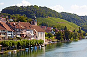 View of Eglisau and vineyards along the river Rhine, Hochrhein, Canton of Zurich, Switzerland, Europe