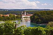 View of Rheinau monastery and vineyards along the river Rhine, Hochrhein, Canton of Zurich, Switzerland, Europe