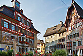 Bay windows and wall paintings on the facades of houses at Rathausplatz, Old city of Stein, Stein am Rhein, Hochrhein, Untersee, Canton of Schaffhausen, Switzerland, Europe