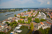 View from the tower of Grote Kerk to the old city of Dordrecht and the waterway Oude Maas, Province of Southern Netherlands, South Holland, Netherlands, Europe