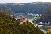 View towards Burg Katz and Loreley, Mittelrhein, Middle Rhine, Rhineland - Palatinate, Germany, Europe