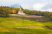Blick über den Rhein auf Weinberge und das Niederwalddenkmal bei Rüdesheim, Mittelrhein, Hessen, Deutschland, Europa