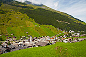View of the village of Vals, Spa, Valserrhein, Rhine, Canton of Grisons, Switzerland, Europe