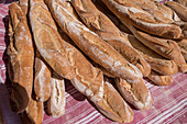 Market Stall with fresh baguettes, Cours Saleya, Nice, Alpes Maritimes, Provence, French Riviera, Mediterranean, France, Europe