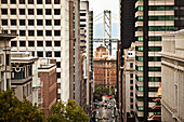 Looking down California Street to San Francisco–Oakland Bay Bridge, San Francisco, California, USA