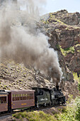 USA, New Mexico, Chama. The Cumbres and Toltec Scenic Railroad. Steam train climbs through rock canyon.