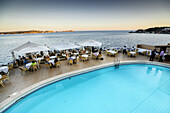 outdoor terrace, bar restaurant La Gran Tortuga, village of Cala Fornells, Calvia, Mallorca, Balearic Islands, Spain.