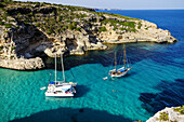 yachts anchored, Cala Marmols, Ses Salines, mallorca, Balearic Islands, spain, europe.