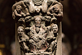 Detail on the mullion of the Pórtico de la Gloria, 12th century Romanesque portico of the catedral, Santiago de Compostela, Way of St James, A Coruña, Galicia, Spain