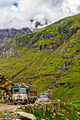 Rohtang Pass in Himachal Pradesh, India. The 13,000 foot pass, near Manali, in the Pir Panjal Range of the Himalayas connects the Kullu Valley with the Lahaul and Spiti Valleys.