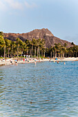 'Mountain, palm trees and beach wit people swimming in the ocean along the coast; Honolulu, Oahu, Hawaii, United States of America'
