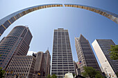 'An Arch Sculpture And Skyscrapers In Downtown Detroit; Detroit, Michigan, United States Of America'