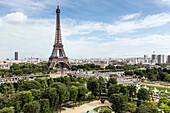 Trocadero gardens, eiffel tower and montparnasse tower seen from the terrace of the city of architecture and heritage, palais de chaillot, 16th arrondissement, paris (75), france