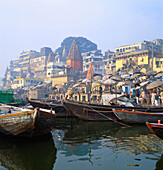 Boats Moored in Front of Ghats on the River Ganges, Varanasi, Uttar Pradesh, India