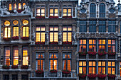 Grand Place building facade at dusk, UNESCO World Heritage Site, Brussels, Belgium, Europe