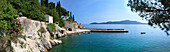 Panorama of rocky coast and harbour, Trsteno, Dubrovnik, Croatia, Europe