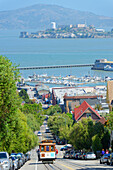 Cable car and Alcatraz Island, San Francisco, California, United States of America, North America