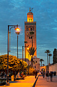 The Minaret of Koutoubia Mosque illuminated at night, UNESCO World Heritage Site, Marrakech, Morocco, North Africa, Africa