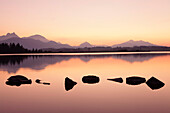 Sunset at Hopfensee Lake, near Fussen, Allgau, Allgau Alps, Bavaria, Germany, Europe