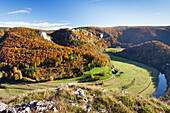 View on Burg Wildenstein Castle and Danube Valley in autumn, Upper Danube Nature Park, Swabian Alb, Baden Wurttemberg, Germany, Europe