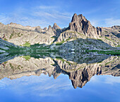 Pic Lombarduccio reflecting in Lac de Melo, Gorges de la Restonica, Haute Corse, Corsica, France, Europe
